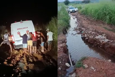 Idosa de 106 anos é transportada em rede após ambulância atolar em estrada rural no RN